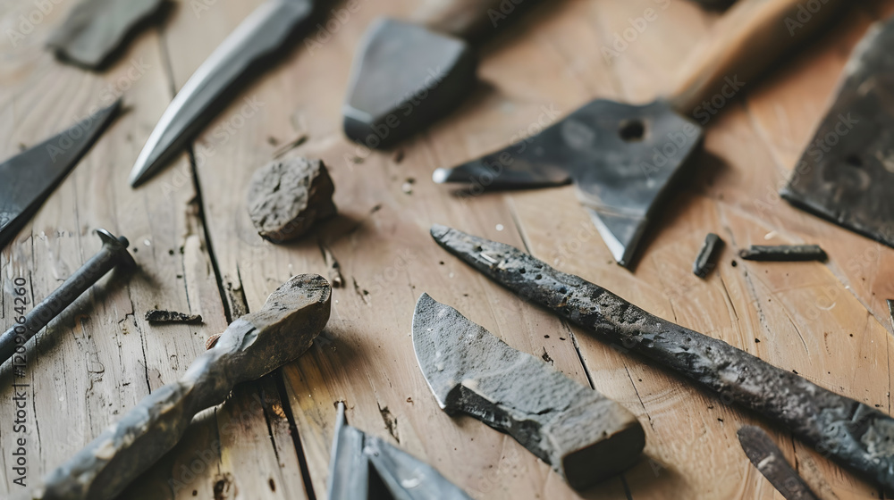 Close-up of ancient stone tools placed on a textured wooden surface, showcasing historical craftsmanship and archaeological artifacts.
Close-up of ancient stone tools placed on a textured wooden surface, showcasing historical craftsmanship and archaeological artifacts.