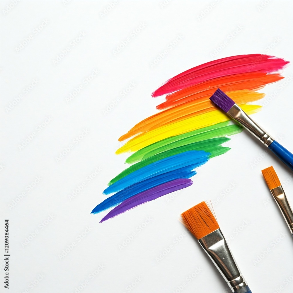 Fototapeta premium rainbow paintbrush strokes on white background with paintbrushes for art and design projects