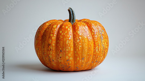 A single, small, orange pumpkin with yellow speckles sits on a white background.  Its ribbed surface and dark green stem are visible.