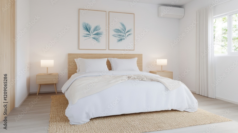 Obraz premium A cozy room features a neatly made bed adorned with white sheets and pillows, inviting relaxation and comfort.