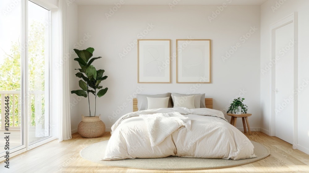 A serene, modern bedroom featuring a plush bed, natural light, a potted plant, and minimalistic decor. A serene, modern bedroom featuring a plush bed, natural light, a potted plant, and minimalistic decor.