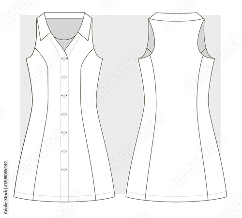 Fitted sundress with shirt collar and buttons technical sketch. Vector illustration.