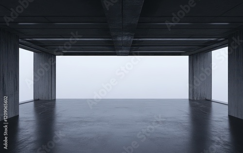 Aerial view of an empty room featuring a concrete floor against a backdrop of a clear blue sky, creating a unique and open atmosphere.
