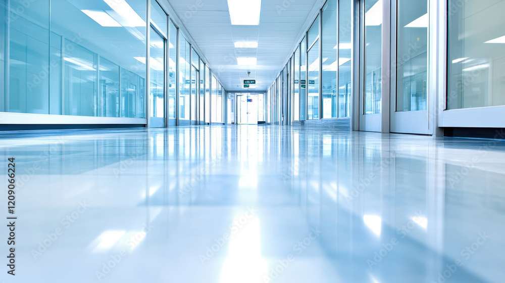 A long hallway features a vibrant blue floor and transparent glass walls, creating a modern and open atmosphere for movement and interaction. A long hallway features a vibrant blue floor and transparent glass walls, creating a modern and open atmosphere for movement and interaction.