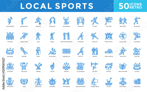 Local sports icon set with serving volleyball, basketball shoot, kicking ball, blocking ball, goal celebration, catching ball, throwing, sprint finish, relay handoff icon. Simple retro vector 
