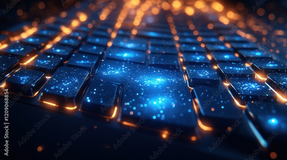 Minimalist keyboard with illuminated glossy blue key for text input and branding with space for logo