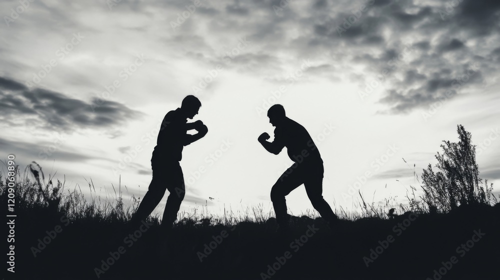Two men silhouetted against a dramatic sky, facing each other in a fighting stance. Two men silhouetted against a dramatic sky, facing each other in a fighting stance.