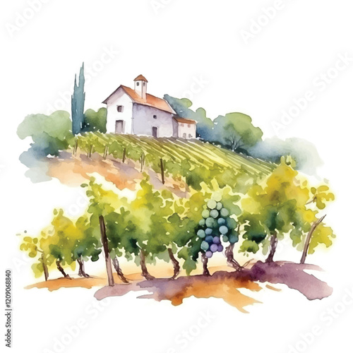 watercolors A picturesque vineyard with grapevines isolated illustration