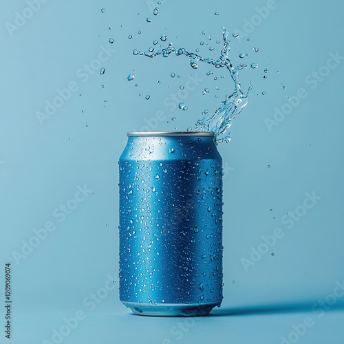 Refreshing beverage mockup with splashing water in a blue environment for thirst quenching visual content photo