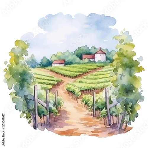 watercolors A picturesque vineyard with grapevines isolated illustration