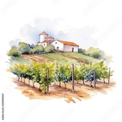 watercolors A picturesque vineyard with grapevines isolated illustration