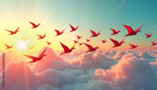 Low poly origami birds fly in large flock across sunset sky filled with clouds. Red birds migrate eastward across fluffy clouds. Concept of freedom and migration. Artistic and inspiring image.