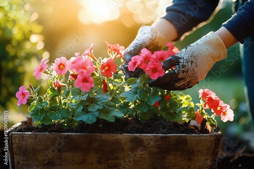 Fototapeta Naklejka Na Ścianę i Meble -  woman gardening planting colorful geranium flowers in rustic wooden box on sunny balcony