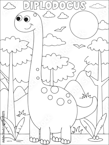 Cute coloring book with dinosaur