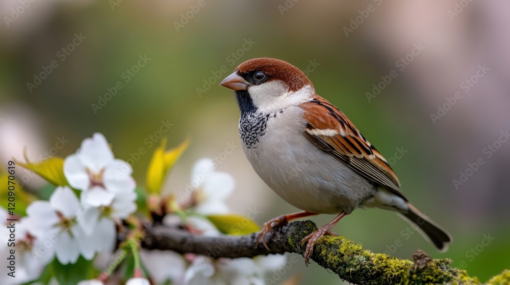 Eurasian Tree Sparrow Perched on Branch with Blossoms Eurasian Tree Sparrow Perched on Branch with Blossoms