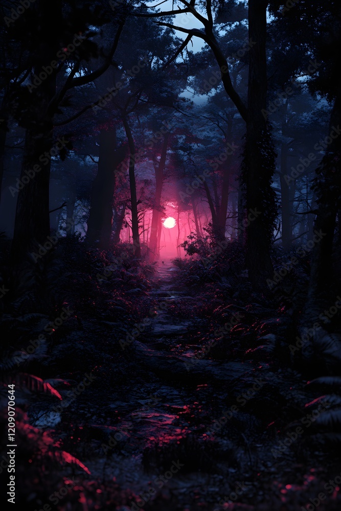 Fototapeta premium Pink Moonlit Forest Path: Night Hike Adventure