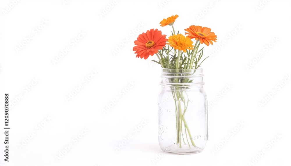Obraz premium Brightly colored flowers in a clear jar against a white background, creating a fresh and cheerful atmosphere