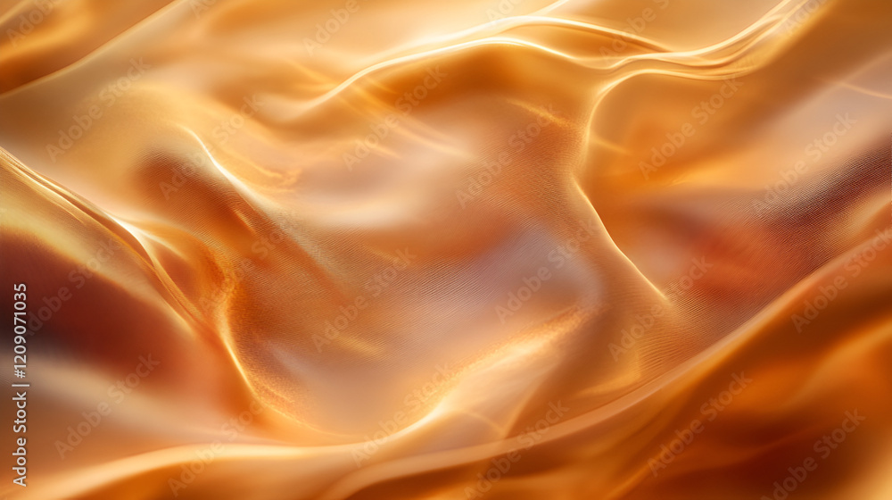 Fototapeta premium Golden Silk Drape: Luxurious golden silk fabric flows in elegant, soft folds, creating a captivating abstract texture with shimmering highlights and warm, rich tones.