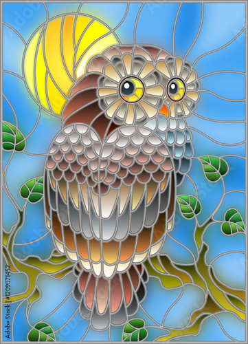 Illustration in stained glass style with fabulous colourful owl sitting on a tree branch against the  sky and sun 