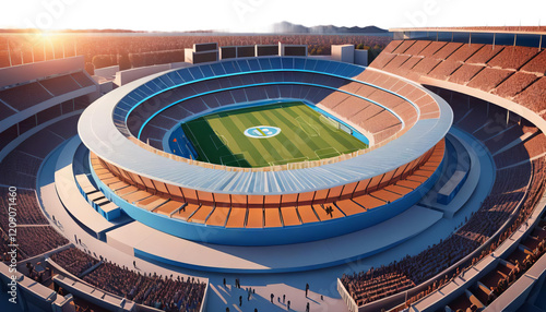 Obraz na płótnie illustration blue stadium sky sunset 3d people render fans fun gate natural green illuminated sunrise tinsel dramatic field success cup night match grass celebration light spotlight full event goal w salonie