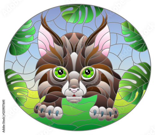 Illustration in stained glass style with baby lynx on the hunt, animal on the background of tropical leaves, oval image