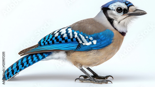Blue Jay bird isolated on white background. Detailed view of its plumage, beak, and claws.