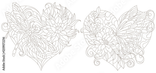 A set of contour illustrations in the style of stained glass with dragonflies, butterflies and flowers, dark outlines on a white background