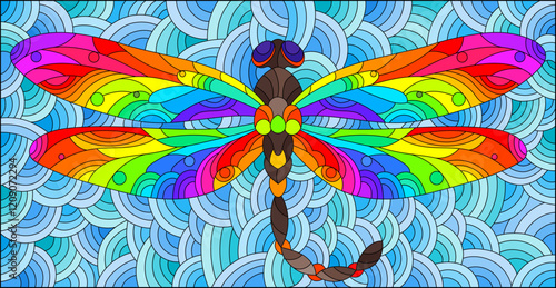 An illustration in the style of a stained glass window with a bright dragonfly on a blue wavy background