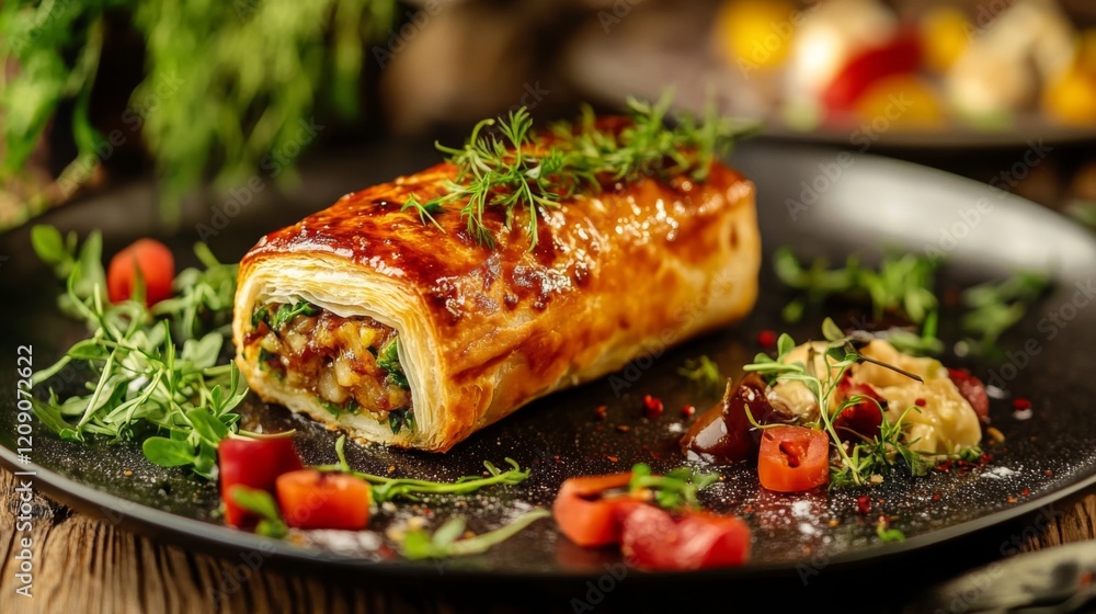 An appealing image of a gourmet sausage roll, golden-brown and flaky, placed on a rustic wooden table, highlighting the deliciousness of this popular snack An appealing image of a gourmet sausage roll, golden-brown and flaky, placed on a rustic wooden table, highlighting the deliciousness of this popular snack