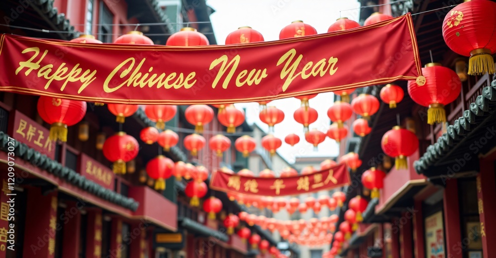 Naklejka premium happy chinese new year poster,card,banner, A bustling Chinese street decorated with lanterns and banners, featuring (Happy Chinese New Year) written in vibrant red and gold.