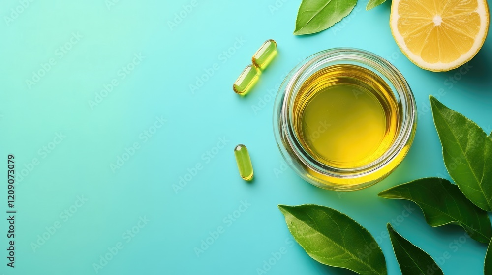 A creative layout of supplements in a reusable glass jar next to green tea A creative layout of supplements in a reusable glass jar next to green tea