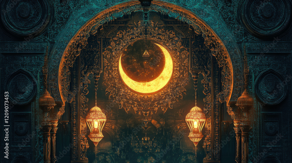 Obraz premium Enchanting moonlit archway adorned with intricate patterns and glowing lanterns in a mystical night scene