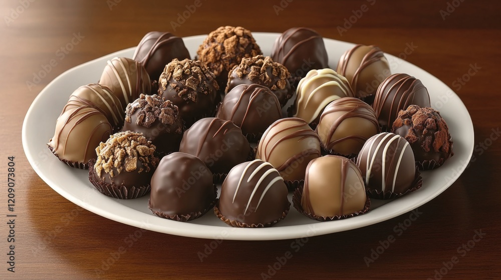 A beautifully arranged plate of assorted chocolate truffles, showcasing different textures and flavors, set against a dark, elegant background A beautifully arranged plate of assorted chocolate truffles, showcasing different textures and flavors, set against a dark, elegant background