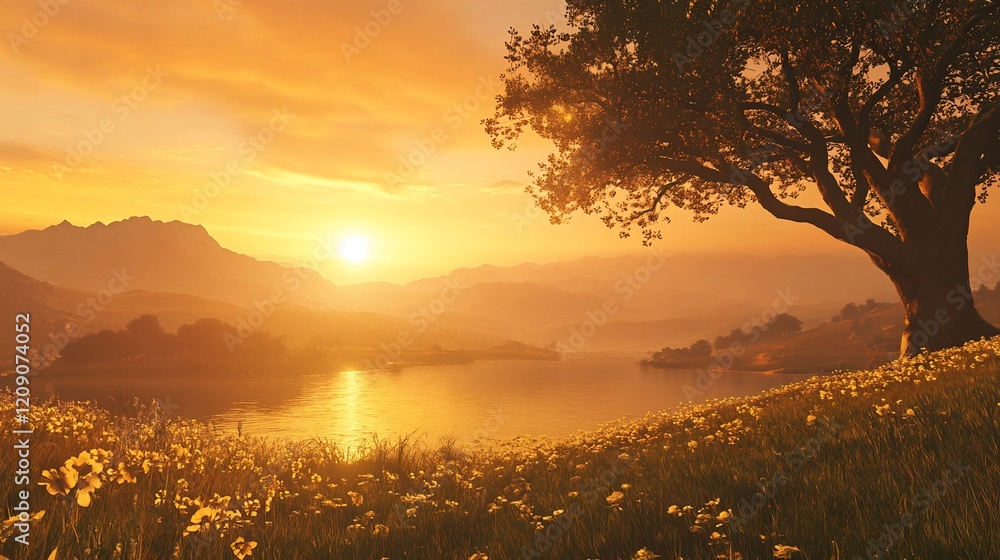 Naklejka premium Golden sunset over lake, mountain view, wildflowers, tree