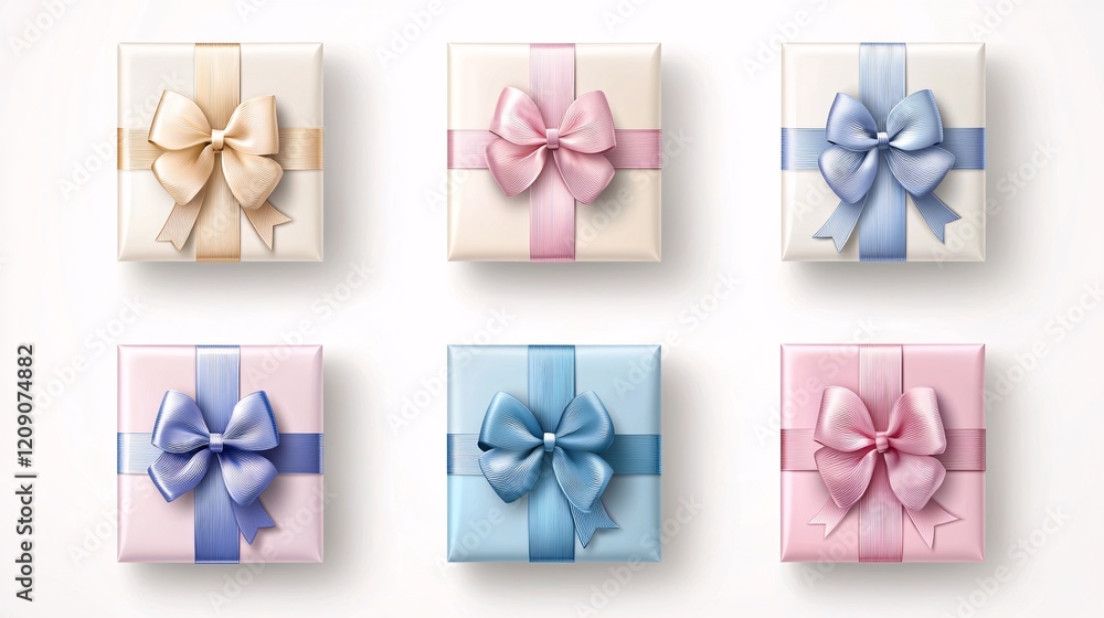 Six beautifully wrapped gift boxes with pastel ribbons, arranged in two rows, showcasing a variety of colors and elegant bows. Six beautifully wrapped gift boxes with pastel ribbons, arranged in two rows, showcasing a variety of colors and elegant bows.