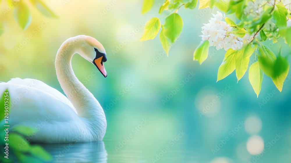 Obraz premium Elegant Swan Gliding on Serene Pond Surrounded by Lush Greenery and Delicate Blossoms