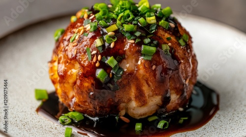 A close-up of a single takoyaki ball with its crispy exterior cracked open, revealing the octopus filling inside, garnished with green onions photo