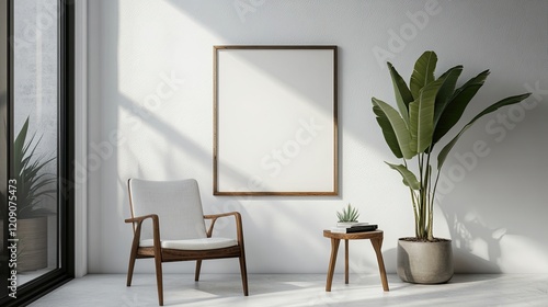 Frame mockup, ISO A paper size. Living room wall poster mockup. Interior mockup with house background. Minimal interior design. 3D render cozzy photo