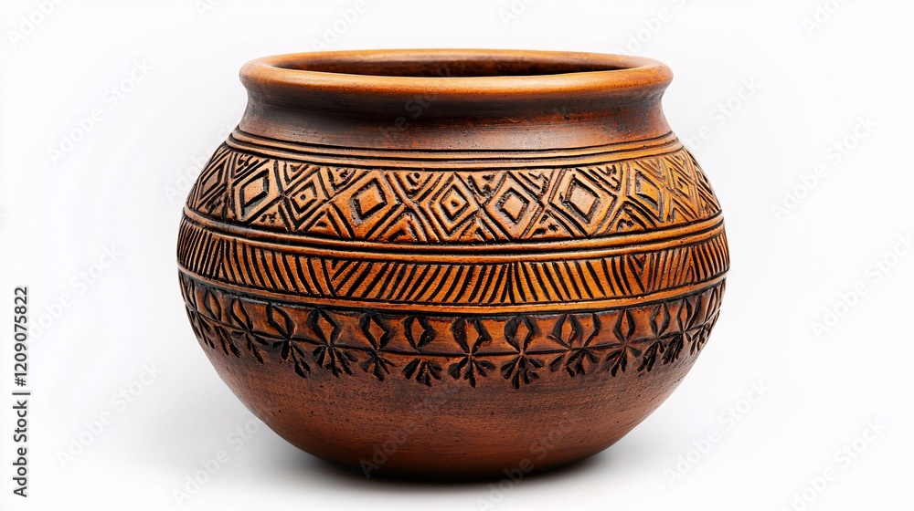 A beautifully crafted clay pot with intricate geometric patterns, showcasing traditional craftsmanship and earthy tones. A beautifully crafted clay pot with intricate geometric patterns, showcasing traditional craftsmanship and earthy tones.