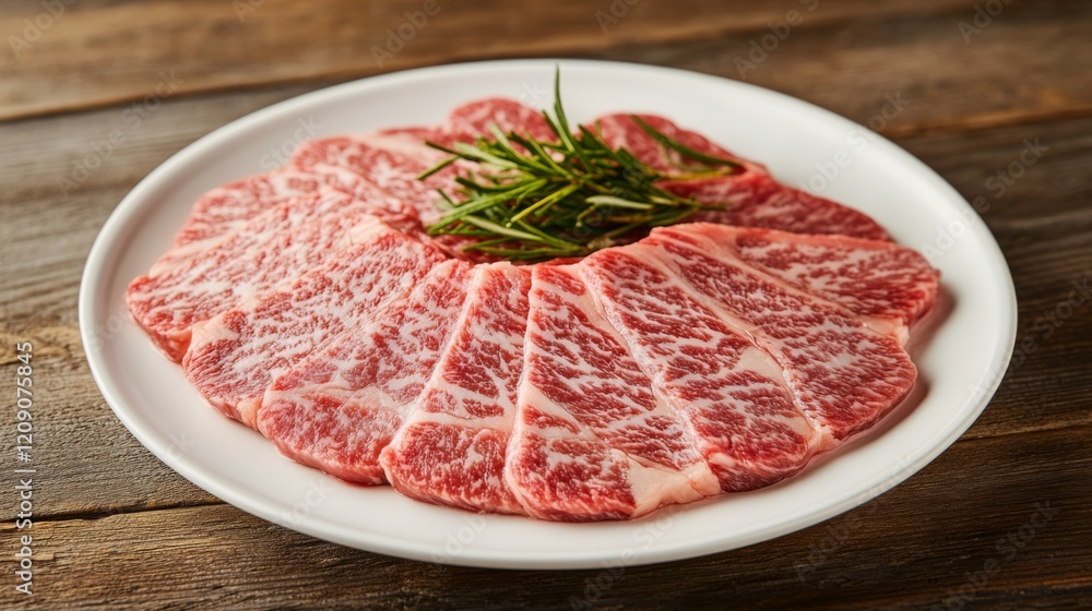 A close-up of marbled beef steak slices on a clean white plate, with a focus on the rich texture and fat marbling, set against a rustic wooden table A close-up of marbled beef steak slices on a clean white plate, with a focus on the rich texture and fat marbling, set against a rustic wooden table