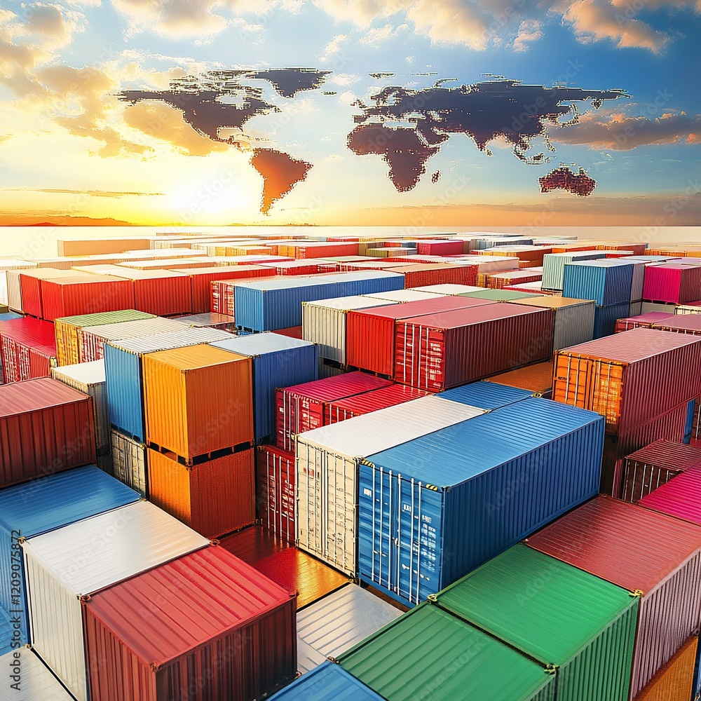 Fototapeta premium Global shipping containers sunset ocean trade