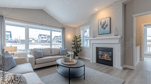 Wallpaper Mural Modern living room, fireplace, winter view, new home, real estate Torontodigital.ca