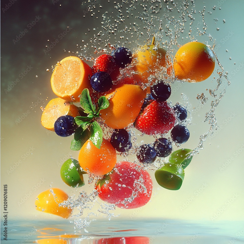 Juicy fruit splash, vibrant studio shot, background bokeh, healthy food ad