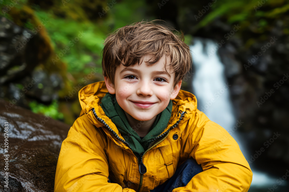 Joyful Child in Yellow Jacket Smiling Near a Tranquil Stream in a Lush Forest Setting Joyful Child in Yellow Jacket Smiling Near a Tranquil Stream in a Lush Forest Setting