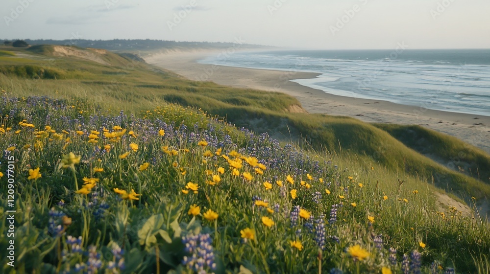 Fototapeta premium Coastal wildflowers bloom at sunset, Pacific ocean view