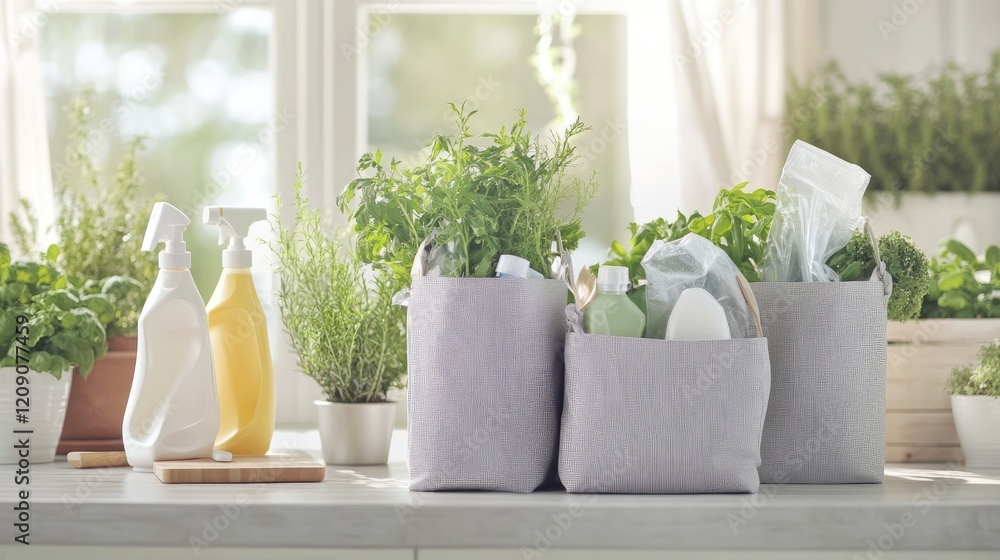 Obraz premium A home kitchen with biodegradable packaging for cleaning products and home essentials on the counter