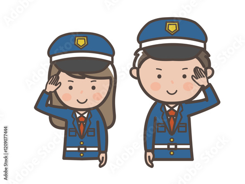 敬礼ポーズをする男女警備員の上半身イラスト