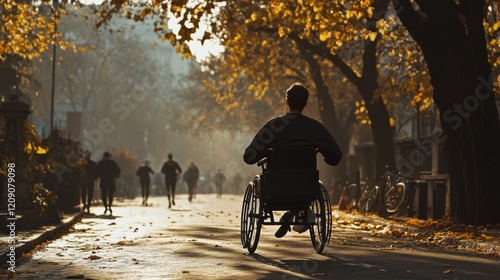 Wallpaper Mural Golden Autumn Stroll: A Person in a Wheelchair Enjoying a Peaceful Morning Torontodigital.ca
