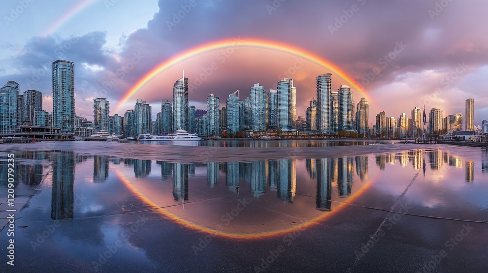 Obraz premium Cityscape rainbow reflection, harbor, sunrise, waterfront, poster