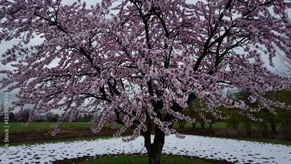Silhouetted flowering tree in a snowy field at twilight. Silhouetted flowering tree in a snowy field at twilight.